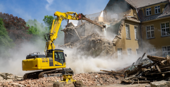 Construction industrial site digger yellow demolishing house for reconstruction